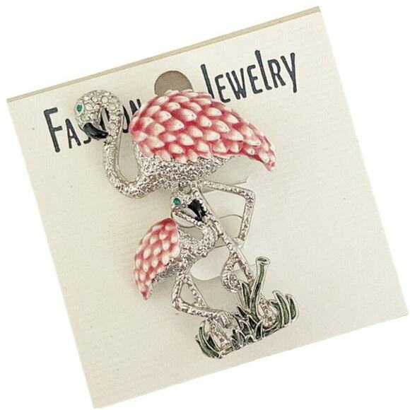 NWT Silver Plated Pink Flamingo Mom and Baby Crystal Brooch - Picture 1 of 2